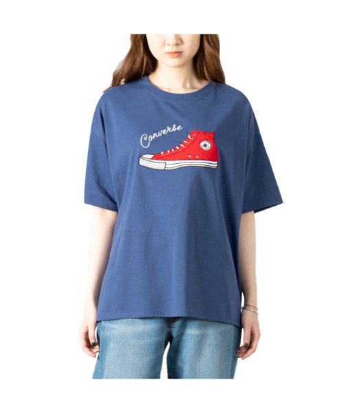 MAC HOUSE(women)(マックハウス（レディース）)/[大きいサイズ] CONVERSE コンバース シューズサガラ刺繍半袖Tシャツ クイーンサイズ 3285－3720/ネイビー