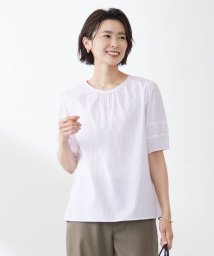 J.PRESS LADIES（LARGE SIZE）(J．プレス　レディス（大きいサイズ）)/【洗える】BEZ空羽ストライプ クルーネック ブラウス/ピンク系1