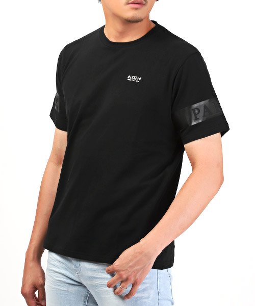 LUXSTYLE(ラグスタイル)/LUXE/R(ラグジュ)袖ロゴラバープリントTシャツ/Tシャツ メンズ 半袖 クルーネック ラバー プリント ロゴ/ブラック
