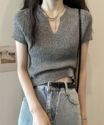 shoppinggo(ショッピングゴー)/サマーニット へそ出し トップス Vネック クロップド丈 Tシャツ レディース きれいめ ショート丈トップス ニットソー/グレー