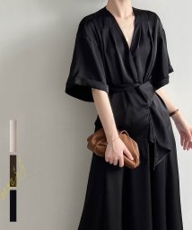 ARGO TOKYO(アルゴトウキョウ)/Satin Waist Tie Blouse Skirt Setup 29062 サテンウエストタイブラウススカートセットアップ　サテンブラウス　サテンスカート/ブラック