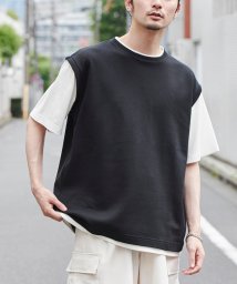 coen(coen)/オーバーサイズフェイクレイヤードカノコTシャツ/BLACK
