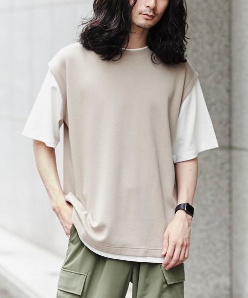 coen(coen)/オーバーサイズフェイクレイヤードカノコTシャツ/BEIGE