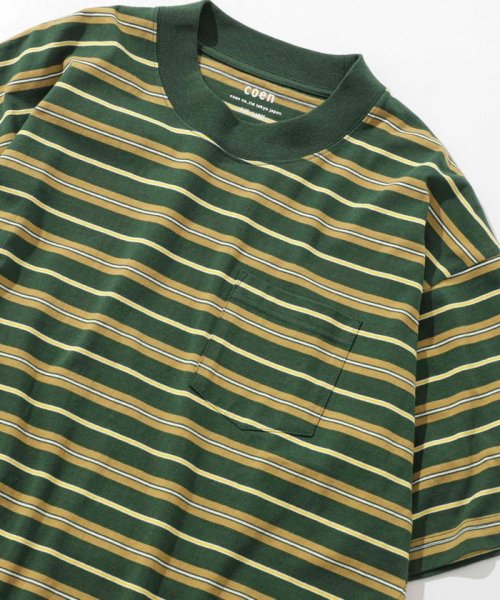 coen(coen)/レトロボーダーモックネックTシャツ/DKGREEN