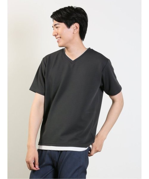 TAKA-Q(タカキュー)/リップル フェイクVネック 半袖 メンズ Tシャツ カットソー カジュアル インナー ビジネス ギフト プレゼント/グレー