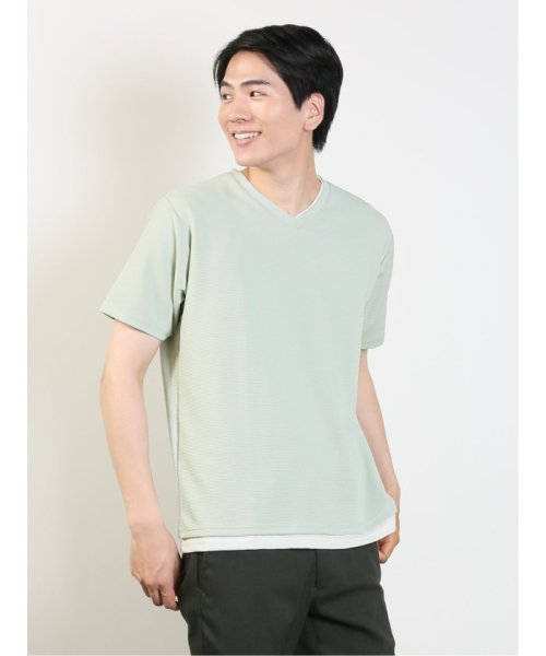 TAKA-Q(タカキュー)/リップル フェイクVネック 半袖 メンズ Tシャツ カットソー カジュアル インナー ビジネス ギフト プレゼント/モスグリーン