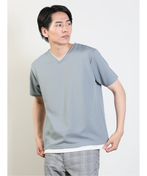 TAKA-Q(タカキュー)/リップル フェイクVネック 半袖 メンズ Tシャツ カットソー カジュアル インナー ビジネス ギフト プレゼント/サックス