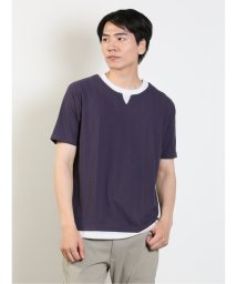 TAKA-Q(タカキュー)/梨地 フェイクキーネック 半袖 メンズ Tシャツ カットソー カジュアル インナー ビジネス ギフト プレゼント/パープル