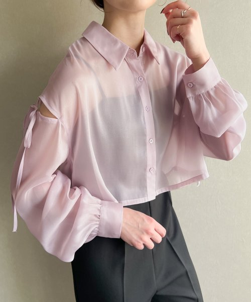 JUNOAH(ジュノア)/肩スリットシアーショートシャツ/ピンク