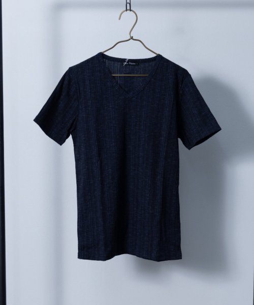 Nylaus select(ナイラスセレクト)/テレコ ミックス杢 Vネック 半袖Tシャツ/ブルー