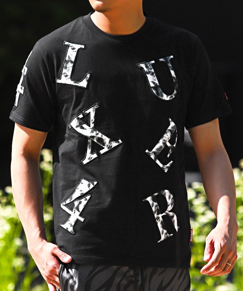 LUXSTYLE(ラグスタイル)/LUXE/R(ラグジュ)モノトーンタイダイロゴ貼り付けTシャツ/Tシャツ メンズ 半袖 ロゴ タイダイ アップリケ モノトーン/ブラック