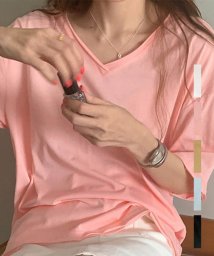ARGO TOKYO(アルゴトウキョウ)/VネックカラーコットンTシャツ 24079　コットンT　Tシャツ　vネック　カラーTシャツ　トップス　tシャツ　カットソー/ピンク