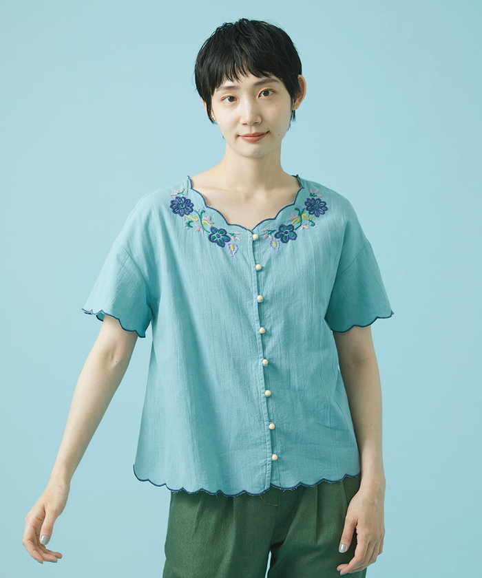 【Jocomomola】ホコモモラ(40)刺繍 花柄 シャツ
