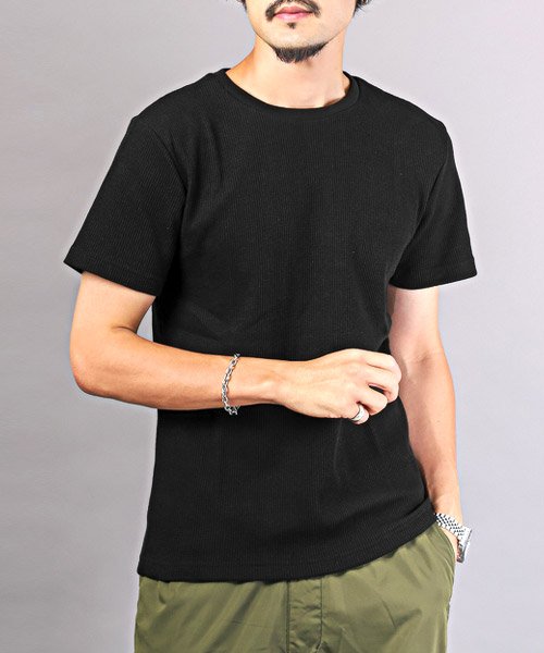 LUXSTYLE(ラグスタイル)/サーマルワッフルクルーネックTシャツ/Tシャツ メンズ 半袖 トップス カットソー ワッフル 無地/ブラック