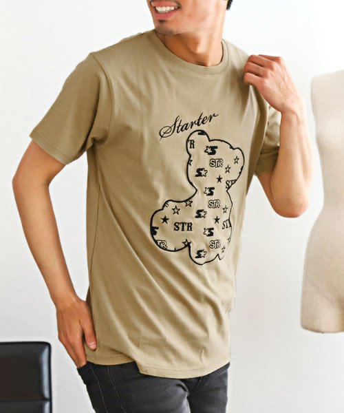 LUXSTYLE(ラグスタイル)/STARTER BLACK LABEL(スターターブラックレーベル)ベアグラフィック刺繍Tシャツ/Tシャツ メンズ 半袖 刺繍 ベア ロゴ クマ/ベージュ