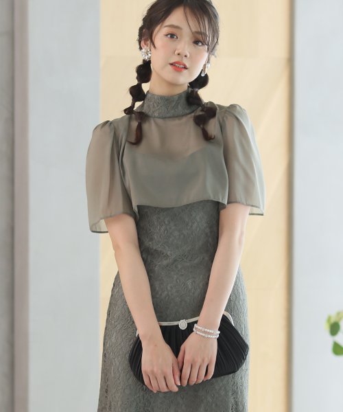 レース×オーガンジー切り替えブラウス付きマーメイドワンピース レース地