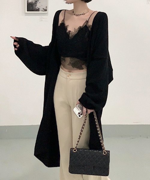 Dewlily(デューリリー)/ロングカーディガン 韓国ファッション 10代 20代 30代 大人っぽい 羽織りやすい ロング丈 紫外線対策 エアコン対策 オシャレ カジュアル/ブラック