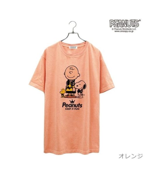  PEANUTS( ピーナッツ)/スヌーピー  Tシャツ 半袖 音楽 ヘッドフォン 夏 フェス サークル ストリート デザイン メンズ レディース SNOOPY チャーリーブラウン ウッドストッ/オレンジ