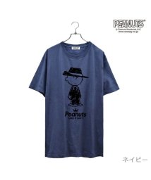  PEANUTS( ピーナッツ)/チャーリー ブラウン 黒服 スーツ 半袖 Tシャツ 当店 限定 デザイン スヌーピー SNOOPY ピーナッツ カジュアル アメカジ プリント S M L LL/ネイビー