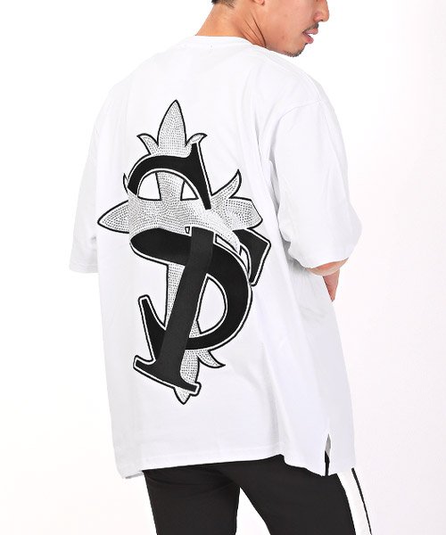 LUXSTYLE(ラグスタイル)/ラインストーンロゴ刺繍半袖Tシャツ/Tシャツ メンズ 半袖 ラインストーン 刺繍 ロゴ/ホワイト
