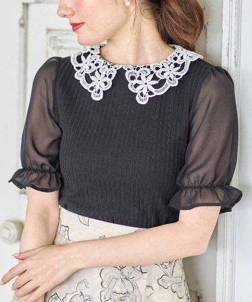 レース襟付きシフォンスリーブ切り替えリブカットソープルオーバー(505411012) トッコクローゼット(tocco closet) MAGASEEK カットソー切り替え付き