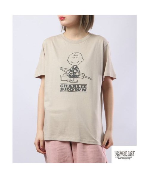  PEANUTS( ピーナッツ)/チャーリーブラウン ウッドストック Tシャツ トップス 半袖 ハワイアン SNOOPY PEANUTS/ベージュ