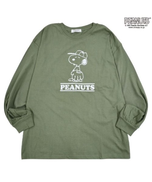  PEANUTS( ピーナッツ)/スヌーピー バルーン 袖 ビッグシルエット プリント Tシャツ/グリーン