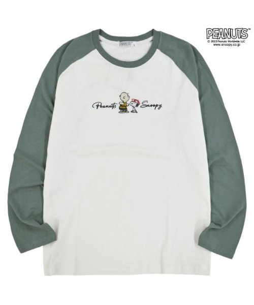  PEANUTS( ピーナッツ)/スヌーピー Tシャツ ロンT  刺繍 ラグラン SNOOPY PEANUTS/オフホワイト