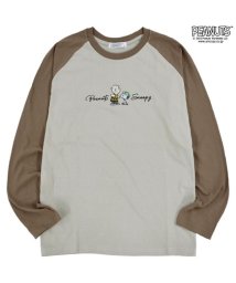  PEANUTS( ピーナッツ)/スヌーピー Tシャツ ロンT  刺繍 ラグラン SNOOPY PEANUTS/ブラウン