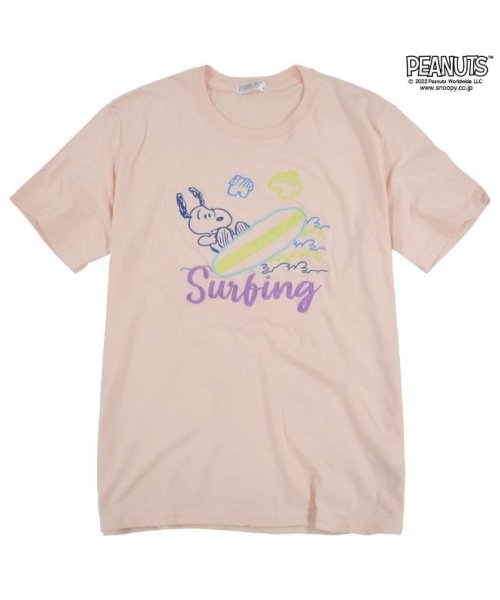  PEANUTS( ピーナッツ)/スヌーピー Tシャツ 刺繍 半袖 線画 夏 サーフィン 南国 PEANUTS SNOOPY/ライトピンク