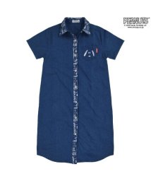  PEANUTS( ピーナッツ)/スヌーピー デニム ロング シャツ 半袖 刺繍 レディース SNOOPY PEANUTS/ネイビー系1