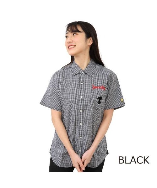  PEANUTS( ピーナッツ)/スヌーピー チェック シャツ ギンガムチェック 半袖 刺繍 S M L/ブラック