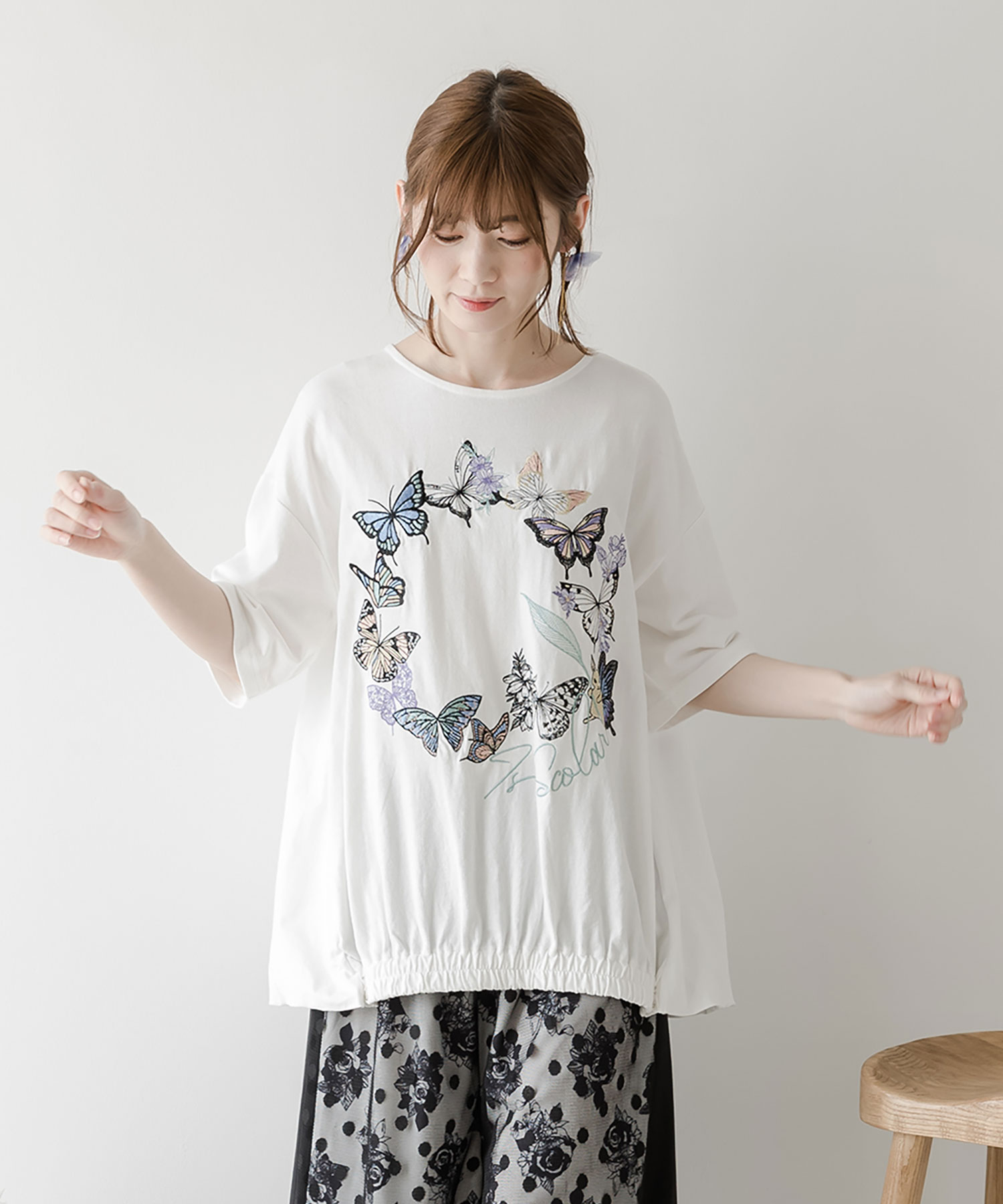 セール】蝶で描いたサークル刺繍 異素材切替プルオーバー(505430473