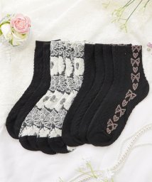 Lace Ladies/【10足セット】レトロ柄凹凸ショート丈ソックス レディース ソックス   靴下 ショート丈 春 夏 秋 冬 立体 リボン ダイヤ 花 ベーシック ブラック やわ/505430538