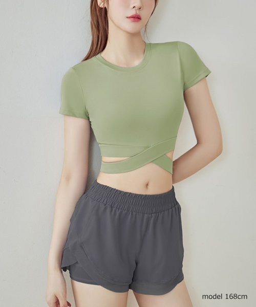 SEU(エスイイユウ)/半袖トップ タンクトップ インナー ヨガ ジム Tシャツ 韓国ファッション/グリーン