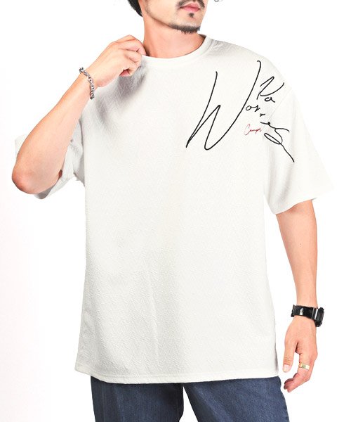 LUXSTYLE(ラグスタイル)/ふくれジャガードロゴ刺繍半袖Tシャツ/Tシャツ メンズ 半袖 ロゴ 刺繍 ふくれジャガード 凸凹 ビッグシルエット/オフホワイト