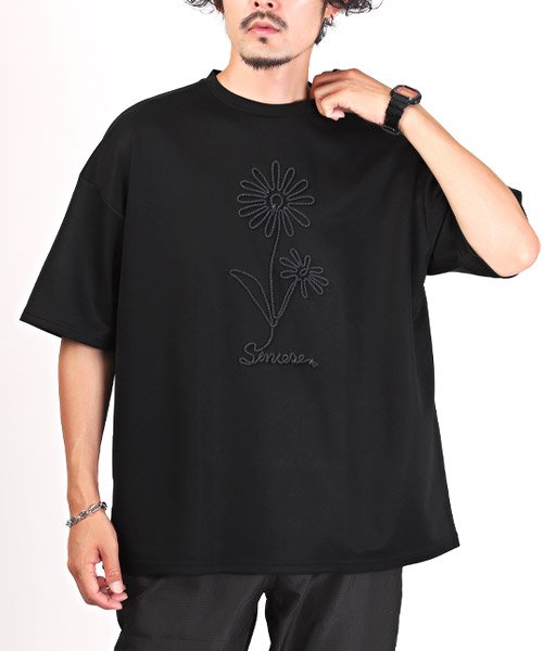LUXSTYLE(ラグスタイル)/ポンチ切替半袖ビッグTシャツ/Tシャツ メンズ レディース 半袖 ポンチ 刺繍 ビッグシルエット/ブラック
