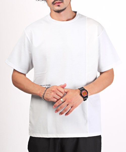 LUXSTYLE(ラグスタイル)/ポンチブロック切替半袖Tシャツ/Tシャツ メンズ 半袖 ポンチ ブロック 切替 異素材 ロゴ プリント 接触冷感/ホワイト