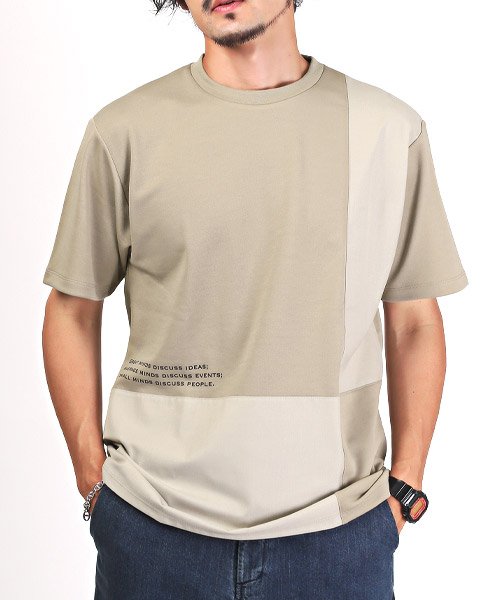 LUXSTYLE(ラグスタイル)/ポンチブロック切替半袖Tシャツ/Tシャツ メンズ 半袖 ポンチ ブロック 切替 異素材 ロゴ プリント 接触冷感/グレージュ