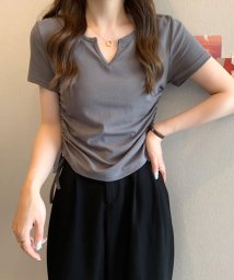 Amulet/サイドドロストリボンシャツ 春 夏服 秋 韓国ファッション 10代 20代 30代 黒 Tシャツ レディース 無地 シンプル トップス 半袖/505440933