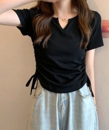 Amulet/サイドドロストリボンシャツ 春 夏服 秋 韓国ファッション 10代 20代 30代 黒 Tシャツ レディース 無地 シンプル トップス 半袖/505440933