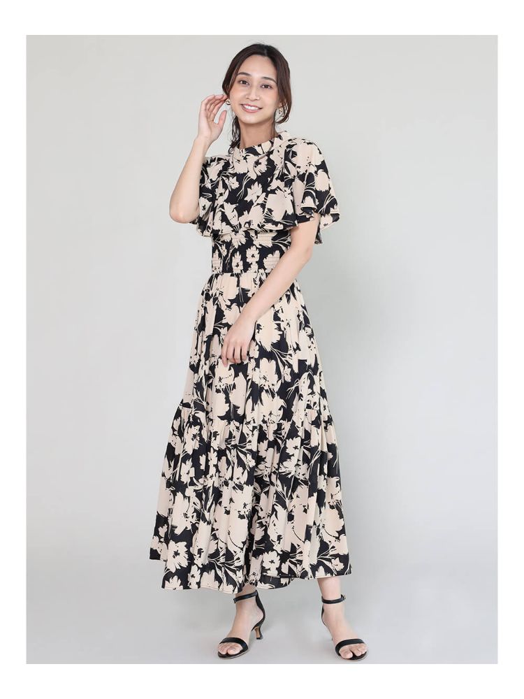 バイカラーフラワープリントワンピース　ベージュ