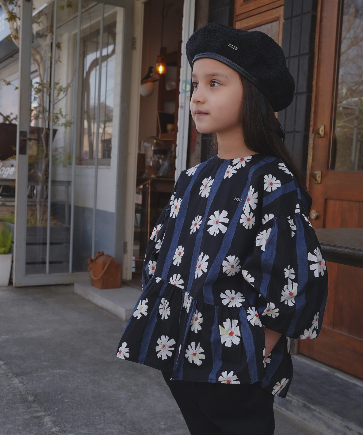 FITH フィス FITH 花柄プリント ギャザー 長袖プルオーバー ブラック 100cm