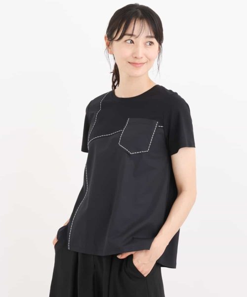 HIROKO BIS(ヒロコビス)/【洗濯機で洗える】アクセントステッチ異素材ジョイントTシャツ/ブラック