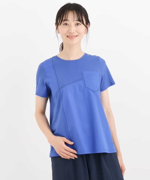 HIROKO BIS(ヒロコビス)/【洗濯機で洗える】アクセントステッチ異素材ジョイントTシャツ/ブルー