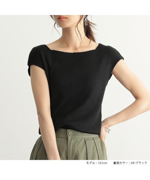 No one knows(ノーワンノーズ)/フレンチスリーブ サマーリブニット ボートネック 半袖 レディース リブ カットソー ニットソー  Tシャツ インナー シンプル 無地 ホワイト ブラック 白 /ブラック