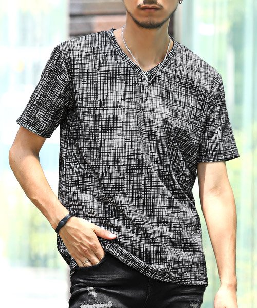 LUXSTYLE(ラグスタイル)/デジタルチェックVネックTシャツ/Tシャツ メンズ 半袖 半袖Tシャツ Vネック トップス カットソー/ブラック