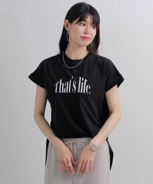 Fizz(フィズ)/クールタッチスラブ　英字ロゴプリント裾ラウンドTシャツ　接触冷感　サイドスリット　チュニック/ブラック