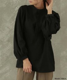 SEU(エスイイユウ)/バルーンスリーブノーカラーブラウス 長袖 二の腕カバー オフィスカジュアル 韓国ファッション/ブラック