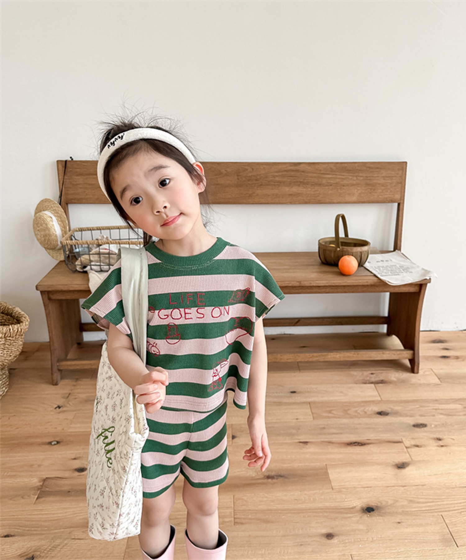 aimoha－KIDS－】韓国子供服 フロントプリントボーダーTEE+ショット